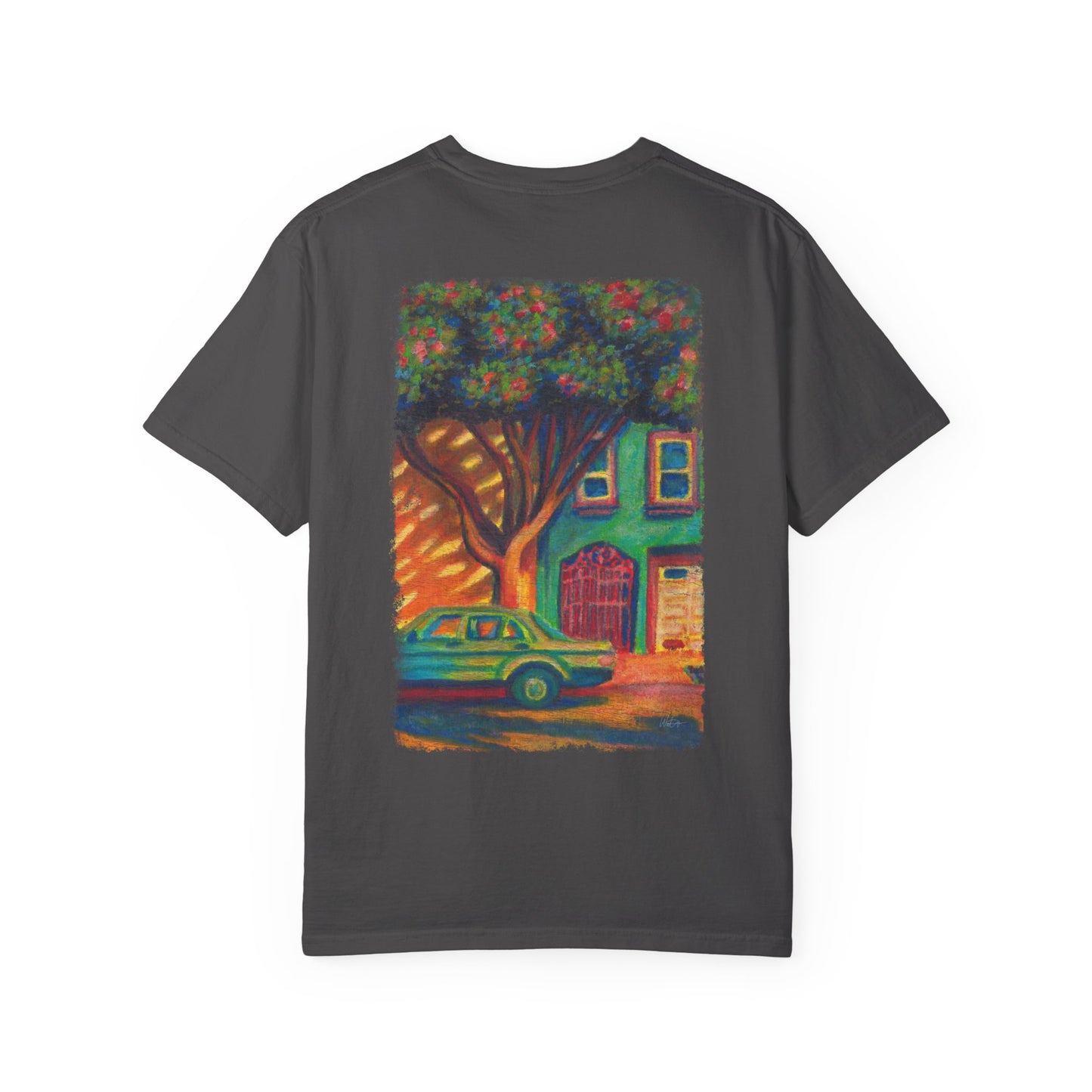 Vibrant Street Scene T-Shirt - Unisex Garment-Dyed Tee for Art Lovers, Casual Wear, Summer Outfits, Unique Gift Idea, Street Art Apparel