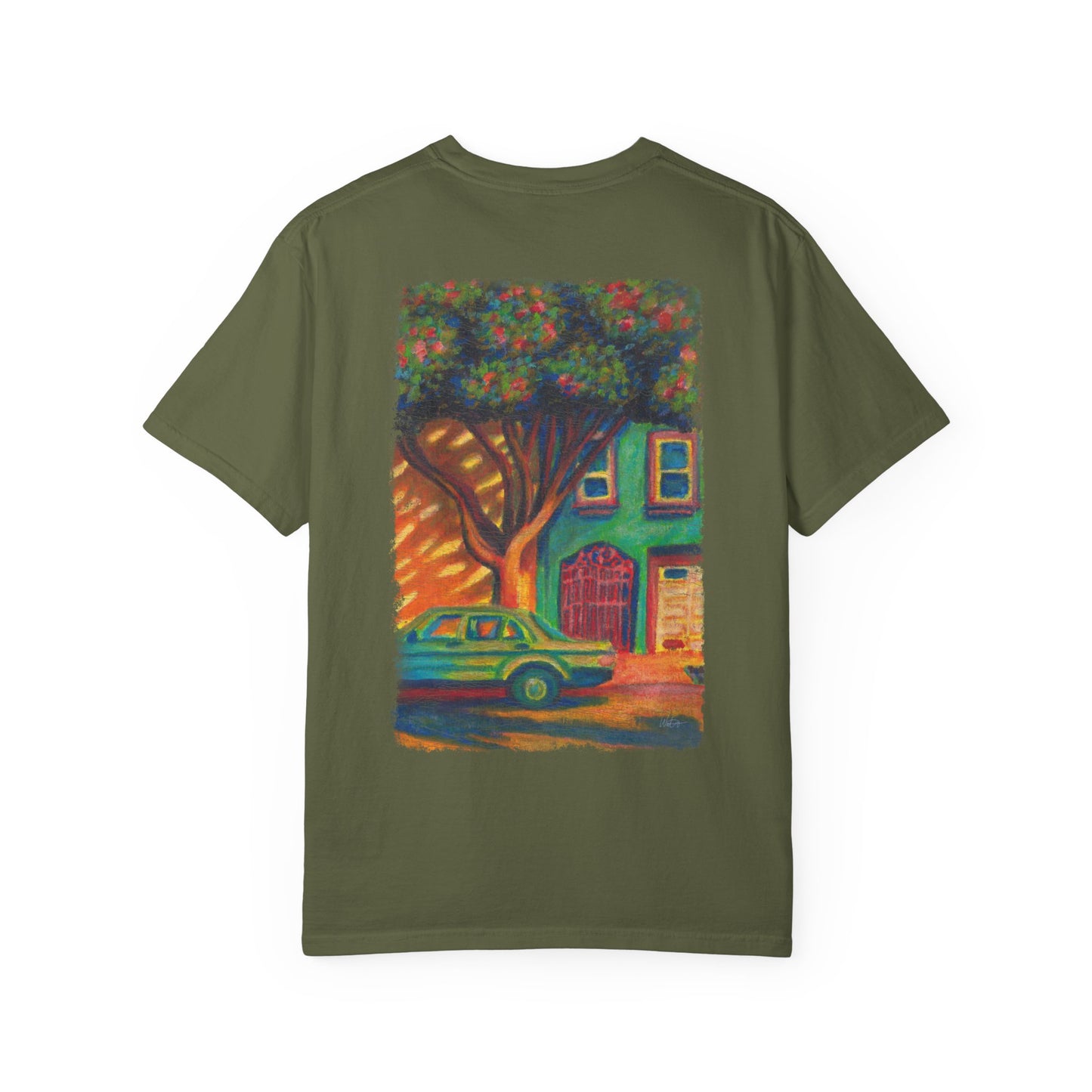 Vibrant Street Scene T-Shirt - Unisex Garment-Dyed Tee for Art Lovers, Casual Wear, Summer Outfits, Unique Gift Idea, Street Art Apparel
